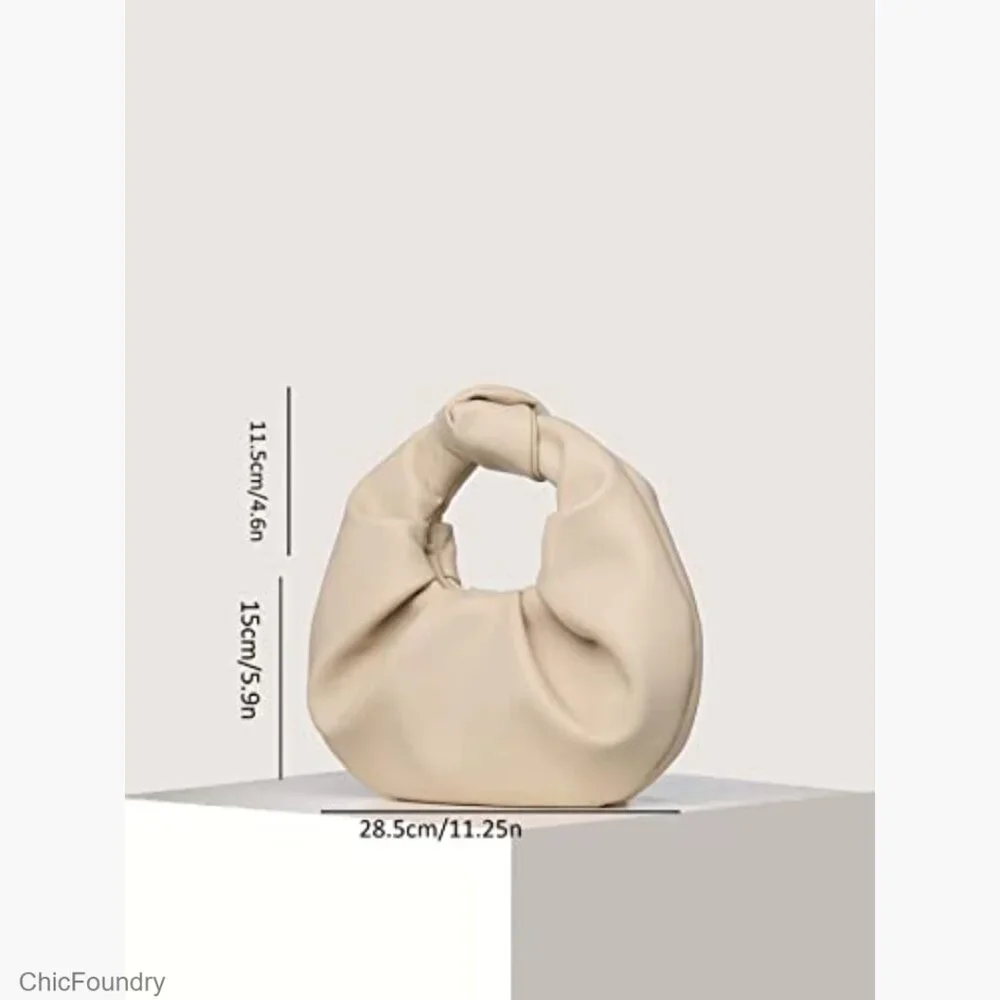 Ruched Faux Leather Hobo Clutch Purse, Top Handle, Button Closure, Evening Bag